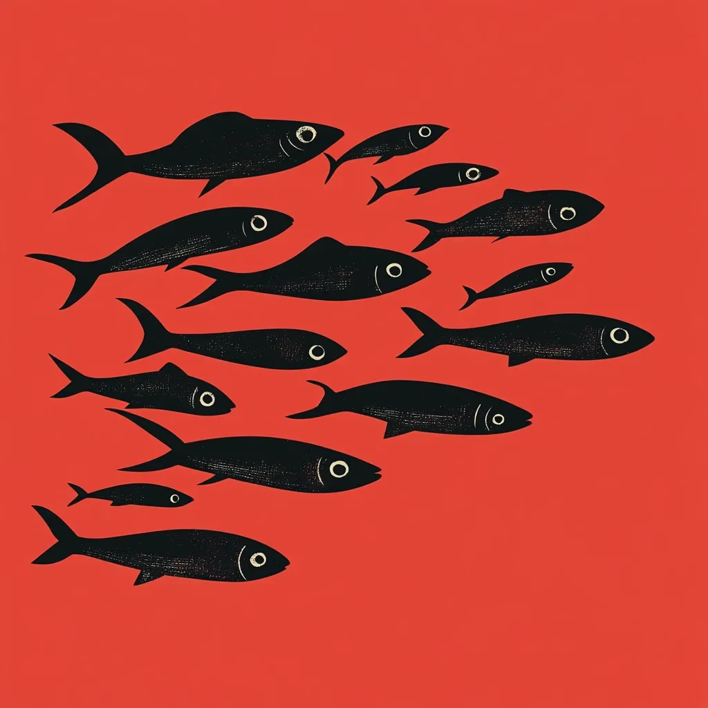 A school of stylized black fish swims across a vibrant red background.  The fish are depicted in a simple, almost graphic manner, varying slightly in size. They appear to move in a loose formation, creating a dynamic visual effect. The contrasting colors and minimalist design give the image a bold and striking appearance.