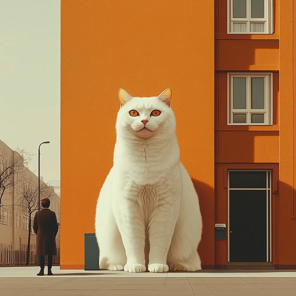A giant white cat sits majestically before an orange building.  A lone man in a dark coat stands observing from a distance, dwarfed by the colossal feline. The scene is surreal, juxtaposing the ordinary cityscape with the fantastical size of the cat.  The building has simple architecture with rectangular windows and a dark door. The overall tone is calm and slightly unsettling.