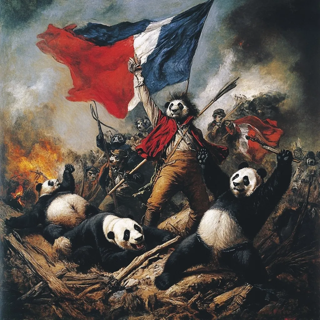 A parody of Delacroix's "Liberty Leading the People," this painting depicts pandas in the roles of revolutionary figures.  A central panda raises the French flag amidst a chaotic scene of burning debris and fellow panda revolutionaries.  The style imitates the original's romanticism and dramatic brushstrokes, but with a humorous and unexpected twist.  The pandas' expressions range from fierce determination to playful rebellion, creating a striking contrast between the serious subject matter and the adorable creatures.