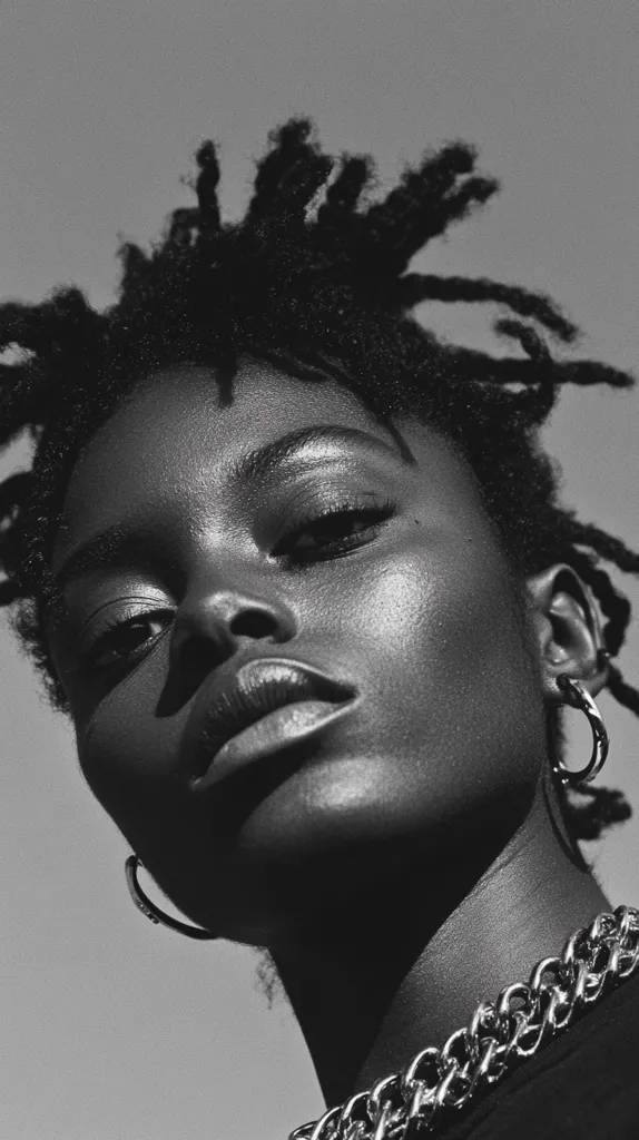 A black and white close-up portrait of a young woman with short, tightly coiled dreadlocks.  Her face is angled upwards, revealing strong features and a serious expression. She wears large hoop earrings and a chunky silver chain necklace. The lighting is dramatic, highlighting the texture of her skin and hair. The background is a plain, light gray sky.