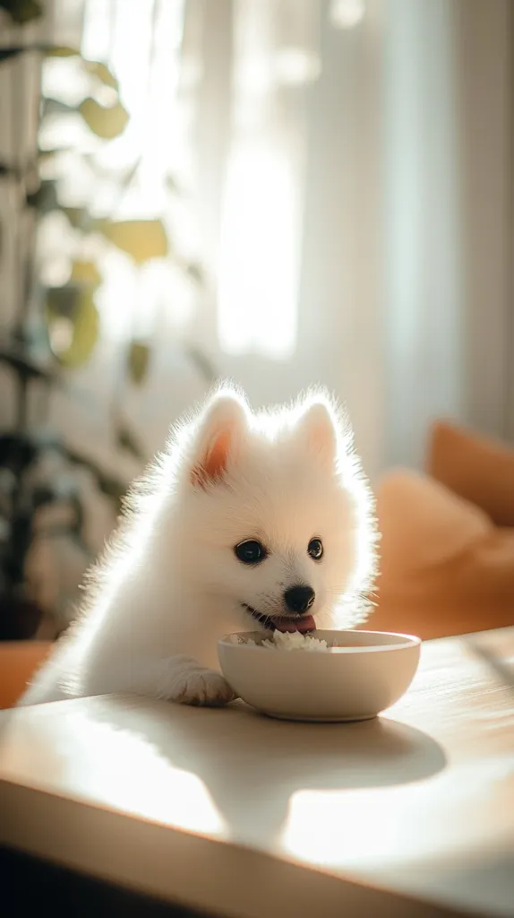 A fluffy white Pomeranian puppy sits at a table, contentedly eating from a small, light-colored bowl. Sunlight streams through a nearby window, illuminating the puppy's soft fur and casting a warm glow on the scene. The puppy's focus is entirely on its meal, creating a heartwarming and peaceful image.  The background is softly blurred, drawing attention to the adorable dog.