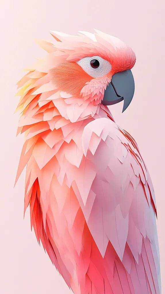 A stylized pink cockatoo is depicted against a pale pink background.  Its feathers are rendered in a low-poly, almost paper-like texture, creating a three-dimensional effect.  The bird's plumage transitions from a deeper coral on its head to softer pinks and whites along its body. The overall image is soft, delicate, and visually appealing.
