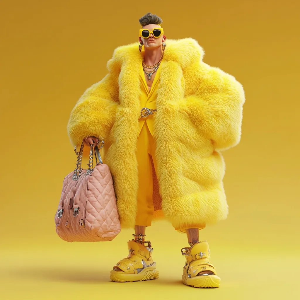 A digitally rendered figure, possibly a male, is stylishly dressed in a vibrant yellow oversized fur coat, matching pantsuit, and chunky yellow platform sandals.  Accessorized with heart-shaped sunglasses, gold jewelry, and a pale pink quilted handbag, the image exudes a bold, playful, and luxurious aesthetic.  The monochromatic yellow background further emphasizes the figure's striking attire.