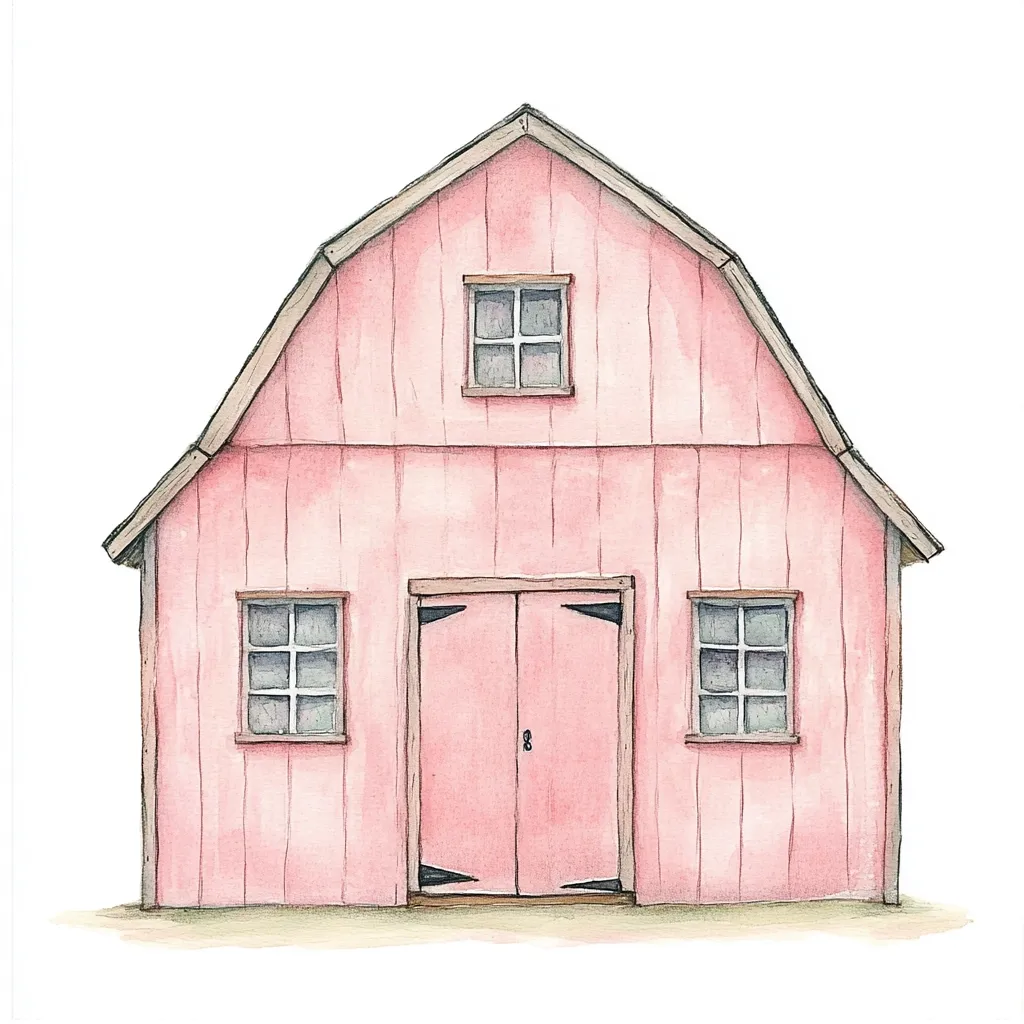 A charming watercolor illustration depicts a pink barn, rendered in a whimsical style.  The barn features a gambrel roof,  small paned windows, and a large double door.  The light pink color and simple design give the barn a sweet and delicate appearance, suggesting a fairytale or children's story setting.  The artwork is clean and detailed, showcasing the artist's skill with watercolor.