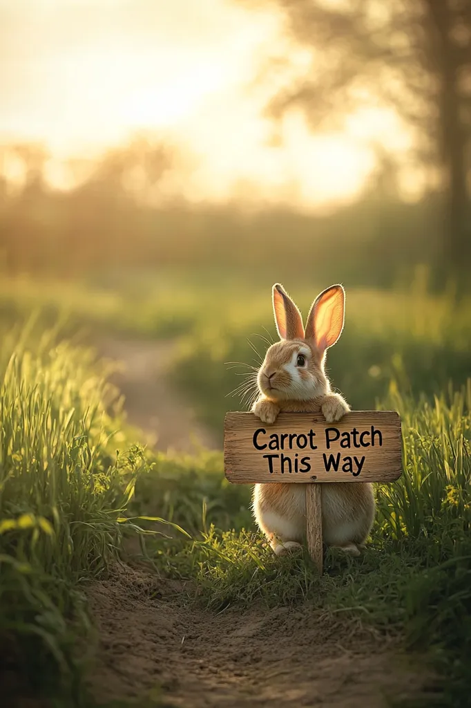 A cute bunny rabbit stands on a dirt path, holding a small wooden sign that reads "Carrot Patch This Way."  The sun sets behind the rabbit, casting a warm golden light on the scene. Lush green grass lines the path, creating a idyllic countryside setting.  The image is charming and evokes a sense of whimsy.