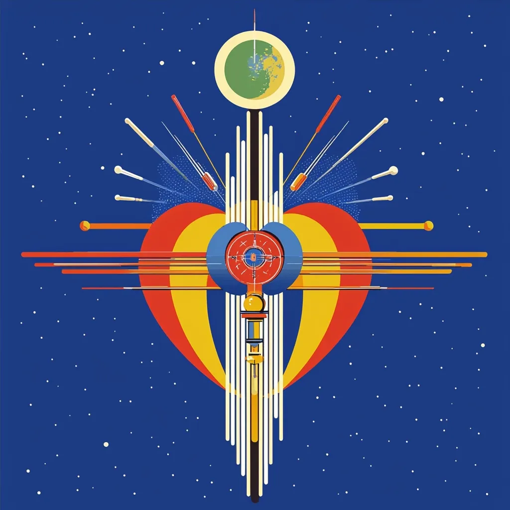 A vibrant abstract artwork depicts a stylized heart shape formed by red and yellow curves, centered on a vertical axis.  This axis features a central column extending from a small globe at the top to a pointed base, flanked by radiating lines.  Surrounding the heart are bursts of color and lines, suggesting energy or movement against a dark blue, star-studded background. The overall aesthetic is geometric and symbolic, conveying a sense of cosmic connection and heart-centered energy.