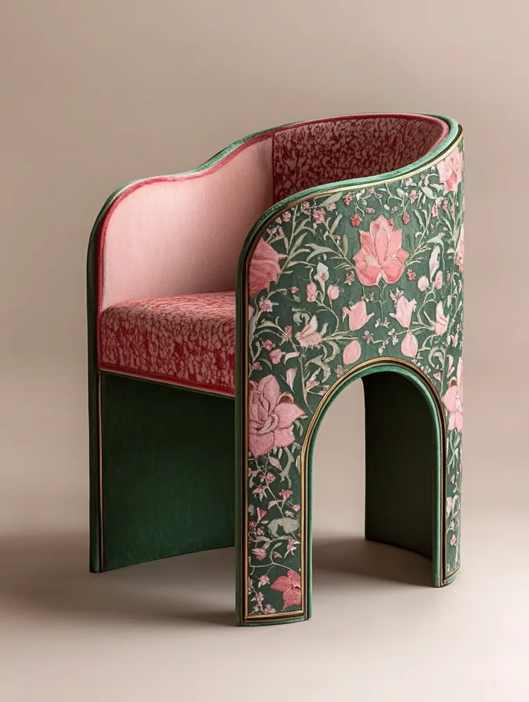 A unique armchair features a curved, sculpted design.  The seat and back are upholstered in a blush pink and a deep red patterned velvet, respectively. The outer frame is a deep green velvet, adorned with a delicate floral print in pink and green hues.  Gold trim accents the edges, enhancing the luxurious feel.  The chair's unusual, almost architectural form makes a striking statement.