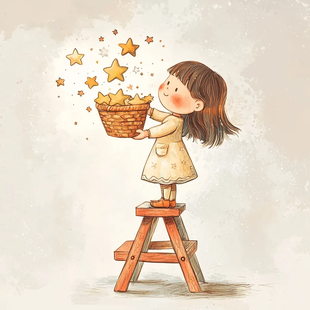 A charming illustration depicts a little girl standing on a small wooden stool, holding a wicker basket overflowing with twinkling golden stars.  Stars also float magically around her, creating a whimsical, dreamy atmosphere. The girl's sweet expression and the soft color palette enhance the overall feeling of wonder and joy.