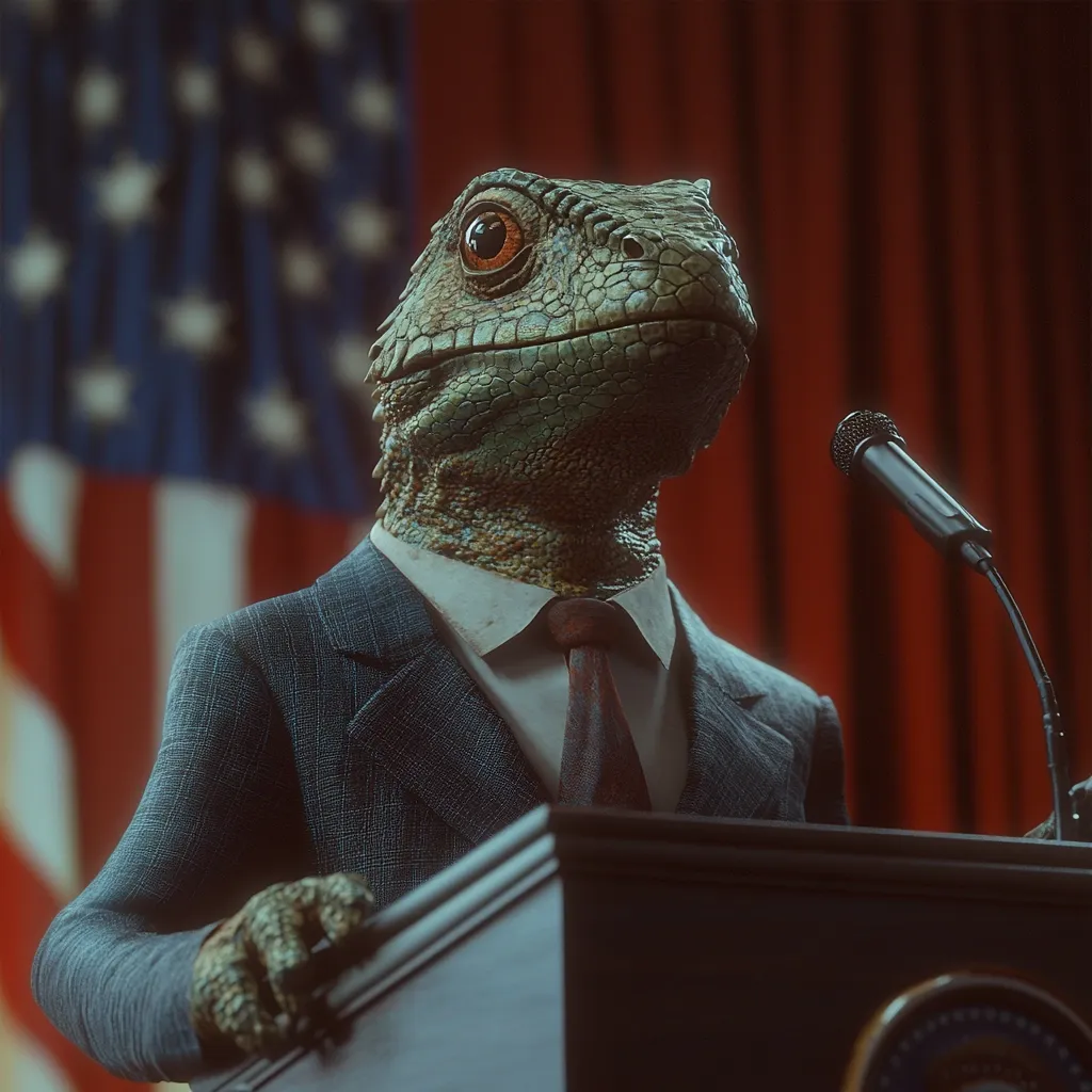 A lizard, anthropomorphically depicted in a dark suit and tie, stands at a podium.  A microphone is positioned before it. The American flag is visible in the blurred background, creating a surreal and humorous image of a reptilian politician addressing an audience. The lizard's expression is serious and composed, adding to the unexpected and comical scene.