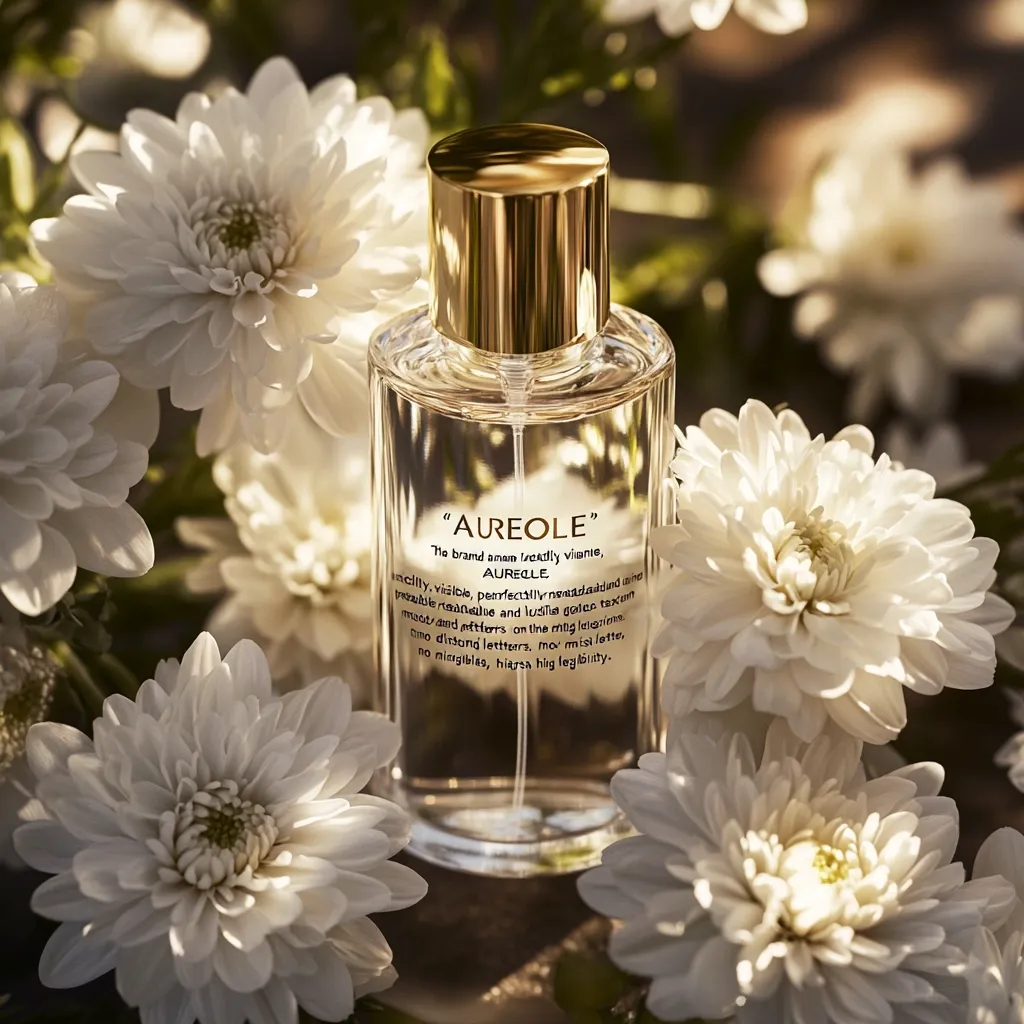 A bottle of "Aureole" perfume is nestled amongst creamy white chrysanthemum blossoms.  The elegant glass bottle features a gold cap and a label with the brand name and a description emphasizing its easily readable text.  The image evokes a feeling of serenity and luxury, showcasing the perfume in a soft, natural light.