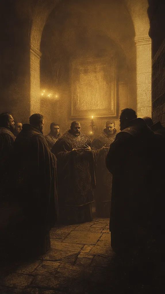 A dimly lit stone corridor houses a group of cloaked figures, possibly monks or members of a religious order.  They stand in a hushed reverence, small candle flames casting warm light on their faces and ornate robes.  The atmosphere is somber and mysterious, emphasizing a sense of ritual or secret gathering within the ancient architecture.  A large, faintly illuminated painting hangs on the wall behind them.