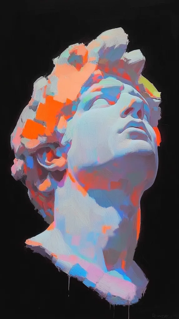 A vibrant, stylized painting depicts a classical bust, possibly inspired by Greek sculpture.  The artwork uses bold, impasto brushstrokes in a contrasting palette of cool blues and warm oranges. The subject's head is tilted upward, creating a dramatic effect against the stark black background.  The colors seem to glow, imbuing the piece with a contemporary, almost surreal feel.  The paint appears thick and textured.