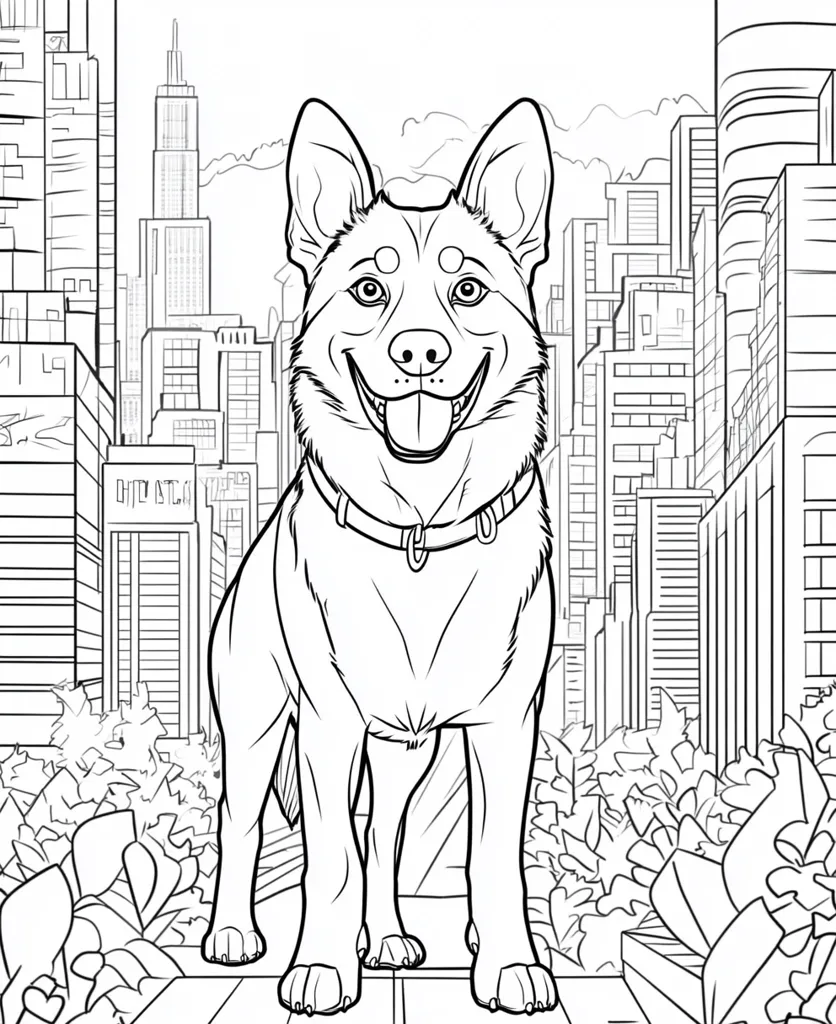 A line drawing of a happy dog, possibly a German Shepherd mix, stands proudly in front of a cityscape backdrop. The dog is wearing a collar and has its tongue out.  Tall buildings and lush foliage surround the canine subject, creating a vibrant urban scene perfect for coloring.  The style is clean and detailed, ideal for a coloring book page.