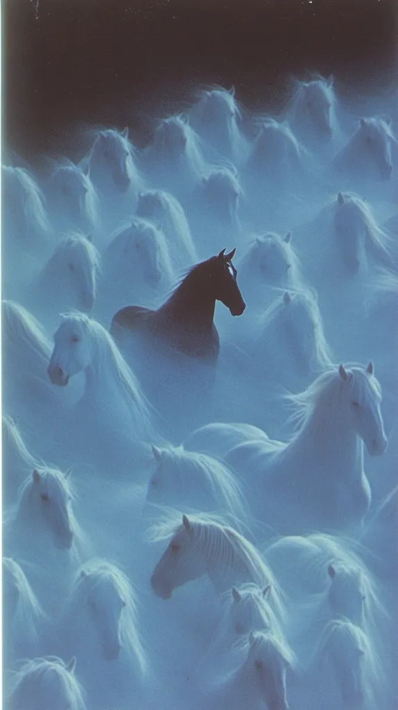 A lone black horse stands out amidst a flowing herd of white horses.  The scene is dreamlike, with the horses appearing almost ethereal in a soft, blue-hued mist.  Their manes and tails blend together, creating a sense of movement and unity. The contrast between the black and white emphasizes the individuality of the black horse within the collective.