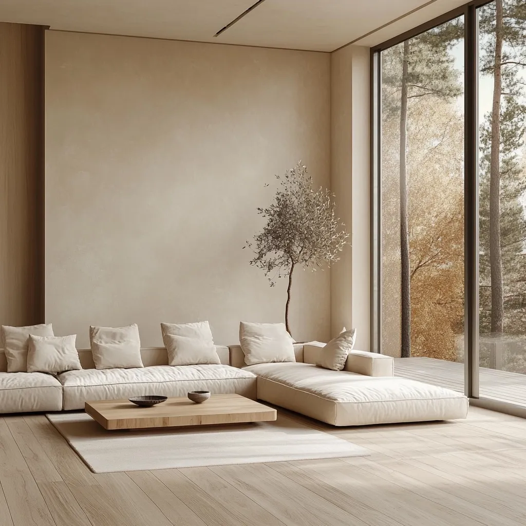 A minimalist living room features a large, low-slung off-white sectional sofa, complemented by a light wood coffee table.  A small olive tree stands in a corner, providing a natural element against the neutral beige walls.  Floor-to-ceiling windows offer a view of a serene forest landscape, creating a calm and tranquil atmosphere.  The overall design is clean and serene, emphasizing natural light and earthy tones.