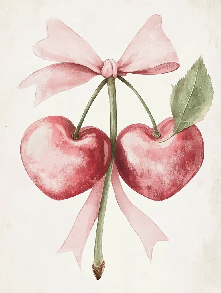 A watercolor painting depicts two ripe cherries tied together with a delicate pink ribbon.  The cherries are a deep reddish-pink, rendered with soft shading to show their plumpness. A single green leaf adds a touch of nature to the elegant composition, creating a charming and sweet image.  The light background complements the vibrant colors of the fruit and ribbon.