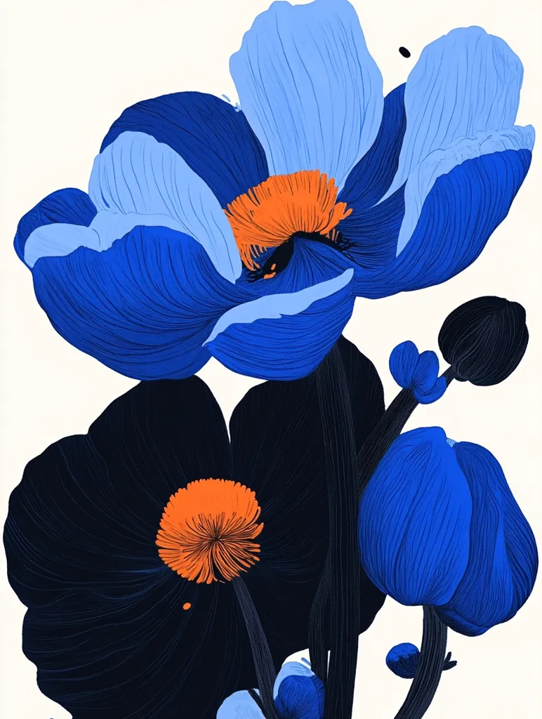 A stylized floral illustration features vibrant blue and dark navy flowers against a white background.  The blossoms have a bold, graphic quality with visible brushstrokes.  The centers of the flowers are a contrasting burnt orange.  The stems are dark, adding depth to the composition.  The overall style is modern and impactful.