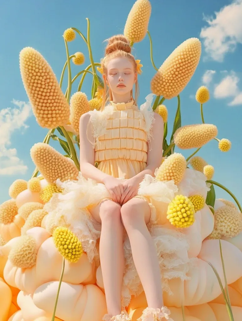 A young girl with red hair, styled in a bun, sits serenely amidst a fantastical landscape of pale yellow flowers.  She wears a delicate, pastel yellow dress with lace detailing. The flowers, resembling stylized wheat or reeds, form a throne-like structure around her. The overall scene evokes a dreamlike, ethereal quality, bathed in bright sunlight against a clear blue sky.