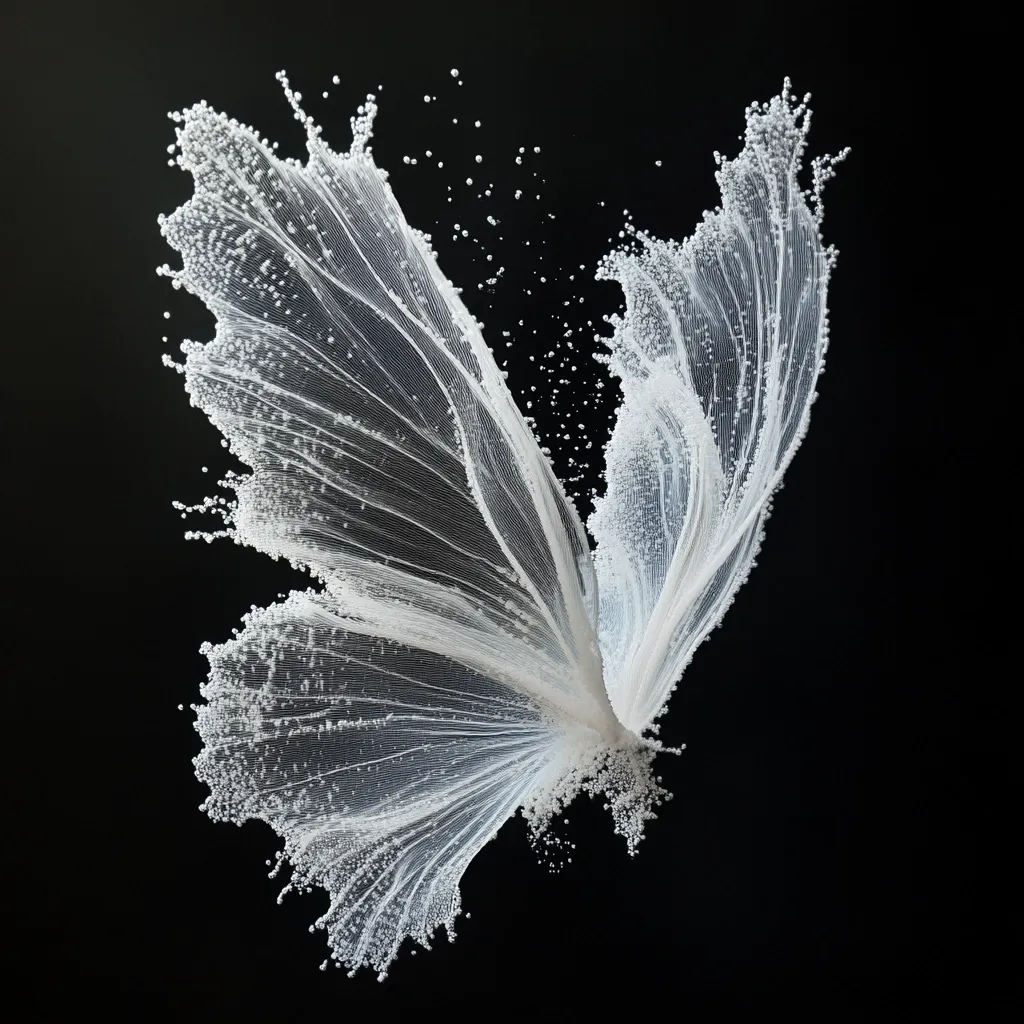 A striking image showcases a splash of white liquid artfully frozen in time.  Resembling delicate butterfly wings, the intricate, lacy texture is highlighted against a stark black backdrop.  Tiny droplets cling to the ethereal form, creating a sense of movement and fluidity.  The contrast between the light, airy substance and the dark background emphasizes its ethereal beauty.
