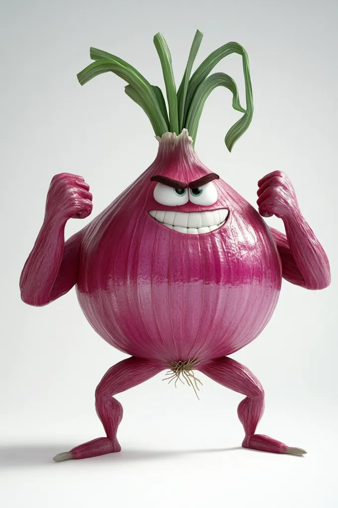 A cartoon red onion with a grumpy expression flexes its muscular arms.  The onion has humanoid legs and a determined posture.  Its green shoots sprout from the top, adding to its whimsical, anthropomorphic design. The image is set against a plain white background, emphasizing the onion character.