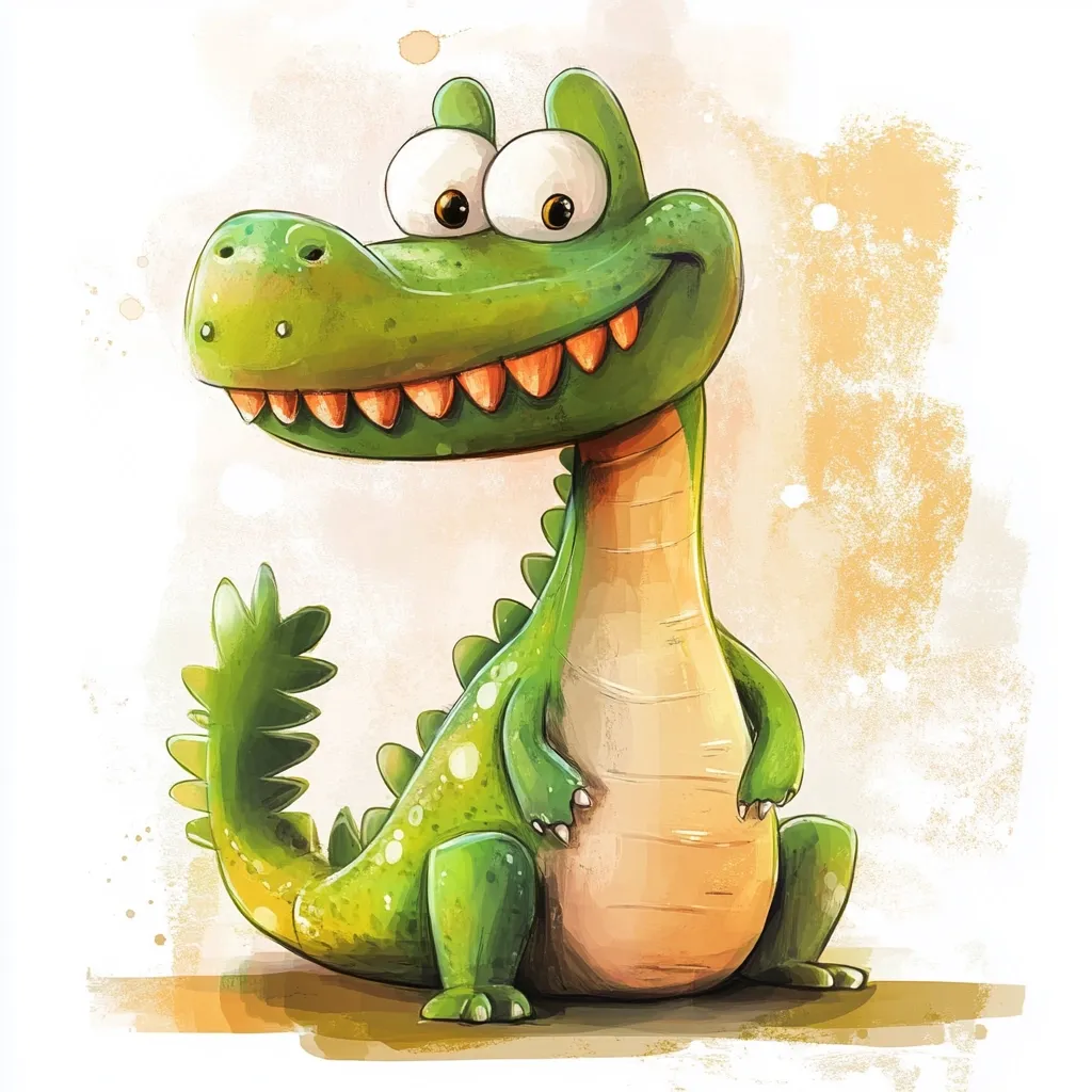 A cheerful cartoon crocodile is depicted, boasting large, expressive eyes and a wide, toothy grin.  Its vibrant green scales are accentuated by a lighter, peach-colored underbelly.  The crocodile's pose is endearing, its hands clasped together, and its tail splayed slightly to the side. The artwork features a watercolor-like background, lending a soft, whimsical quality to the illustration.