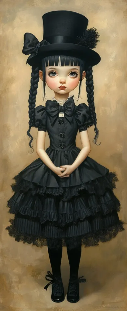 A young girl with dark hair styled in pigtails, wears a black top hat adorned with a bow and feather.  Her black dress features multiple ruffled layers and lace trim.  She stands demurely with hands clasped, dressed in black shoes with bows. The painting is rendered in a style reminiscent of classical portraiture, with muted earth tones in the background.