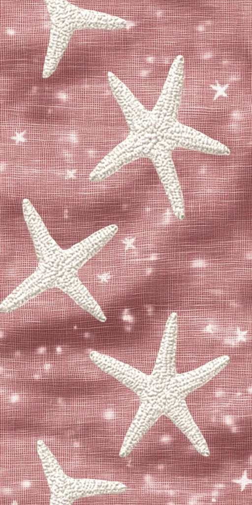 A vertical image shows a repeating pattern of white starfish on a dusty rose linen-textured background.  Small white sparkles are scattered across the background, adding to the beachy aesthetic. The starfish are slightly textured, giving a three-dimensional effect. The overall design is simple yet elegant, suitable for fabric or wallpaper.