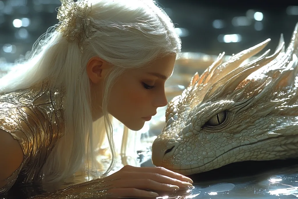 A young woman with long, flowing white hair, adorned with an ornate hairpiece, leans down to gently touch the head of a large, pale dragon.  Both are partially submerged in water, their golden-hued scales and clothing shimmering in the light. The scene evokes a sense of ethereal beauty and a mystical connection between the woman and the magnificent creature. The overall mood is serene and magical.