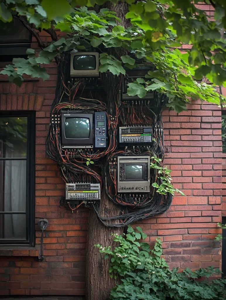 A tangle of vintage electronics, including several televisions and audio equipment, is woven into the trunk of a tree growing against a brick wall.  Numerous wires connect the devices, creating a chaotic yet artistic installation.  The tree's lush green leaves partially obscure the technology, suggesting a blend of nature and outdated technology.  The scene is set against a rustic brick building.