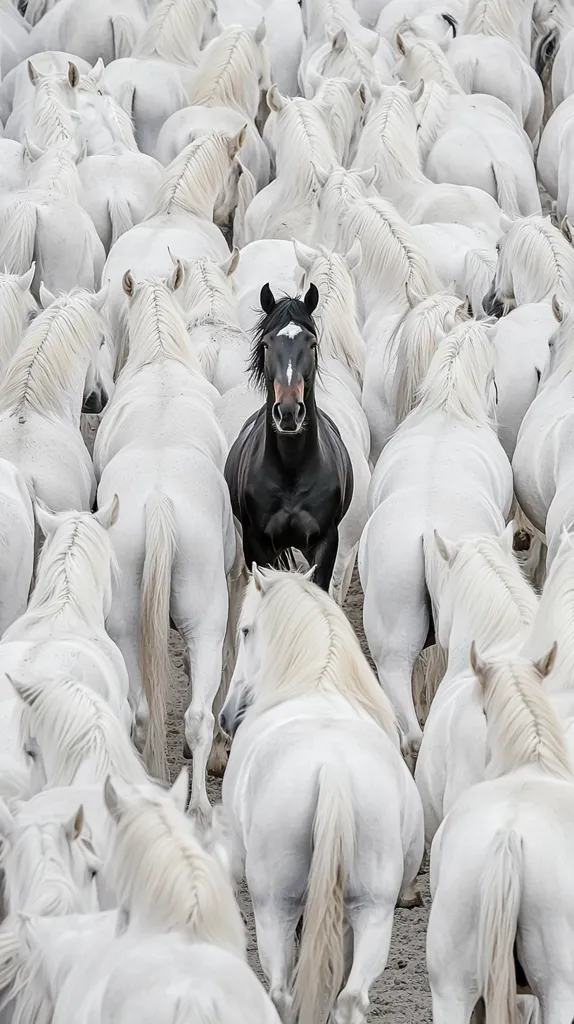 A single black horse stands out amidst a dense crowd of white horses.  The black horse is positioned centrally, its dark coat contrasting sharply with the surrounding sea of white. The white horses are tightly packed together, their tails and manes flowing, creating a visually striking and impactful image. The scene suggests a herd moving en masse, with the black horse a unique and noticeable individual within the group.