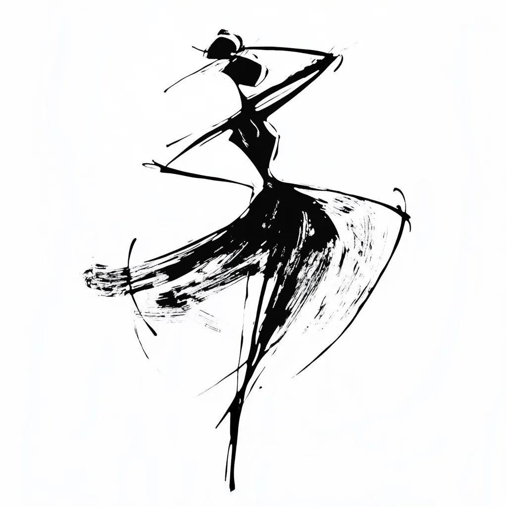 An abstract ink drawing depicts a ballerina in motion.  Bold black strokes create a dynamic sense of movement and fluidity, suggesting a graceful leap or twirl. The figure is stylized, with elongated limbs and a flowing dress rendered in expressive brushwork.  The overall effect is energetic and evocative of dance.