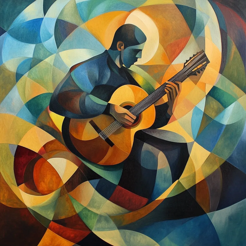 A cubist-style painting depicts a guitarist seated, deeply engrossed in playing a classical guitar. The artist uses bold geometric shapes and vibrant colors—blues, oranges, and greens—to create a dynamic composition. The musician's form is suggested through abstract shapes, the guitar's curves contrasting sharply with the angular background. The overall effect is one of movement and musical energy, captured in a highly stylized and expressive manner.