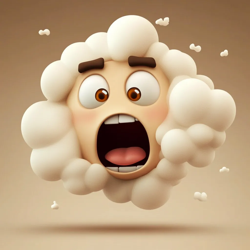 A 3D rendering depicts a surprised cartoon face embedded within a fluffy, cloud-like form. The face, with wide eyes and an open mouth, expresses shock or alarm. Small, fluffy cloud-like shapes surround the main cloud, enhancing the whimsical and lighthearted nature of the image. The overall color palette is soft and muted, contributing to a calm yet playful atmosphere.