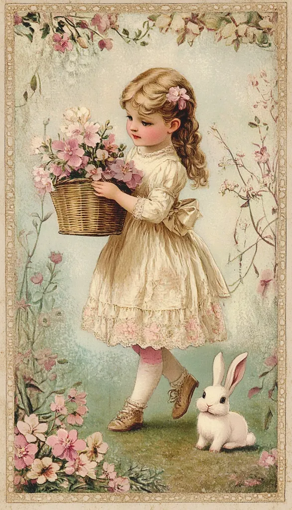 A charming vintage illustration depicts a young girl in a light-colored dress, carrying a basket of pink flowers.  She wears brown shoes and pink stockings. A white rabbit sits beside her in a garden setting, surrounded by blooming flowers and delicate greenery. The overall style is reminiscent of early 20th-century children's book illustrations, with soft pastel colors and a delicate, romantic feel.