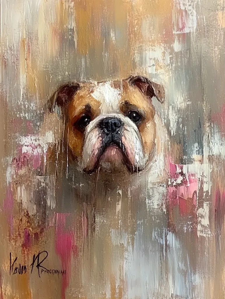 A textured, impressionistic painting depicts a bulldog's head and shoulders. The dog is rendered in muted browns, whites, and creams, contrasting with the abstract background's washes of pink, beige, and gray.  The artist's signature is visible in the lower left corner. The painting style is loose and expressive, focusing on capturing the dog's essence rather than precise detail.
