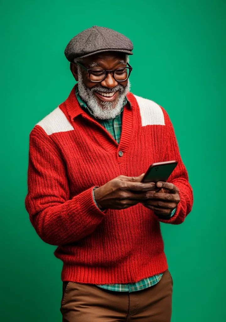 A smiling senior Black man with a gray beard and glasses wears a red sweater and brown pants. He's standing against a green background and looking down at his smartphone. He's wearing a newsboy cap.  The image projects warmth and a feeling of connection through technology.