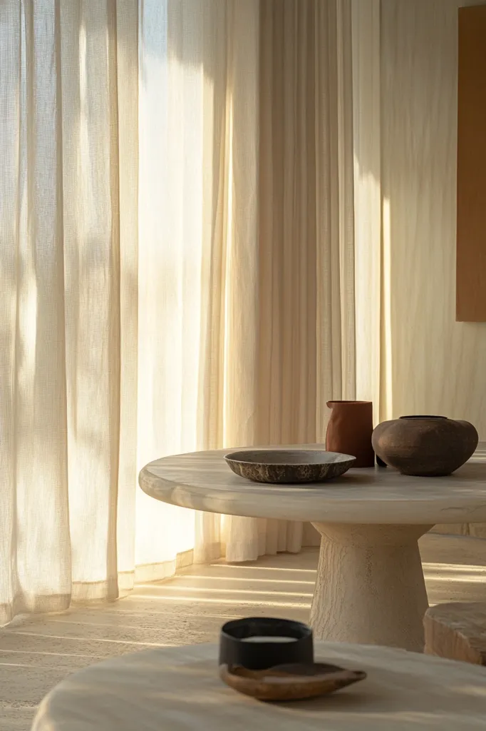 Sunlight streams through sheer linen curtains onto a minimalist room.  A round, light-colored wooden table sits in the warm glow, holding a dark bowl, a terracotta pitcher, and a dark earthenware vessel.  The scene is serene and evokes a feeling of calm and understated elegance.  A second low table is partially visible in the foreground.
