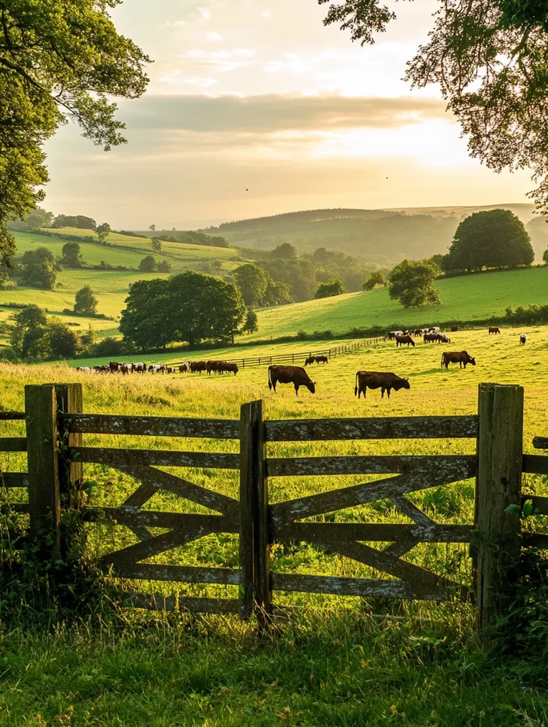 A picturesque pastoral scene unfolds, showcasing a tranquil countryside bathed in the golden light of sunset. Rolling green hills stretch into the distance, dotted with grazing cattle.  A rustic wooden gate stands in the foreground, framing the idyllic landscape. The image evokes a sense of peace and serenity, characteristic of rural life.