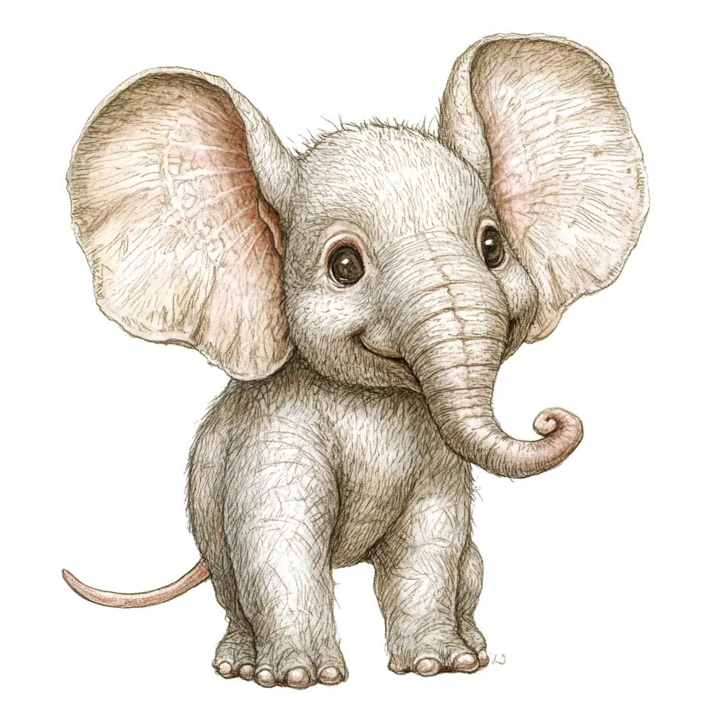 A charming illustration of a baby elephant, rendered in delicate grayscale with hints of warm brown.  Its large ears are softly shaded, and its small trunk curls upwards in a playful manner.  The elephant's large, expressive eyes and gentle smile convey a sense of innocence and cuteness.  The detailed rendering of fur gives the image a realistic yet endearing quality.