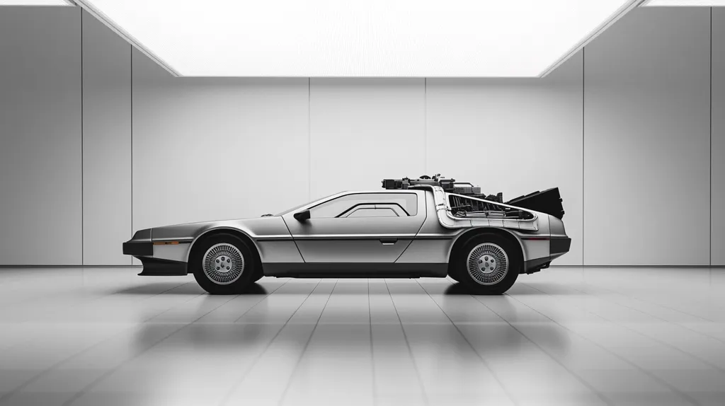A DeLorean time machine, iconic from the Back to the Future films, is showcased in a minimalist, brightly lit, white garage.  The car is silver, its side profile displayed, revealing the exposed internal workings of its flux capacitor.  The clean, modern setting emphasizes the vehicle's futuristic design and timeless appeal.