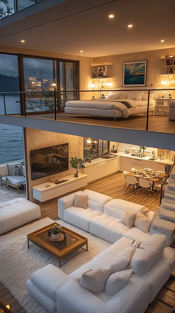 A stunning modern home boasts a lofted bedroom overlooking a spacious living area.  The open-plan design features a large sectional sofa, coffee table, and a modern kitchen.  Floor-to-ceiling windows offer breathtaking ocean views, creating a serene and luxurious atmosphere. Warm lighting enhances the minimalist aesthetic of the elegant interior.