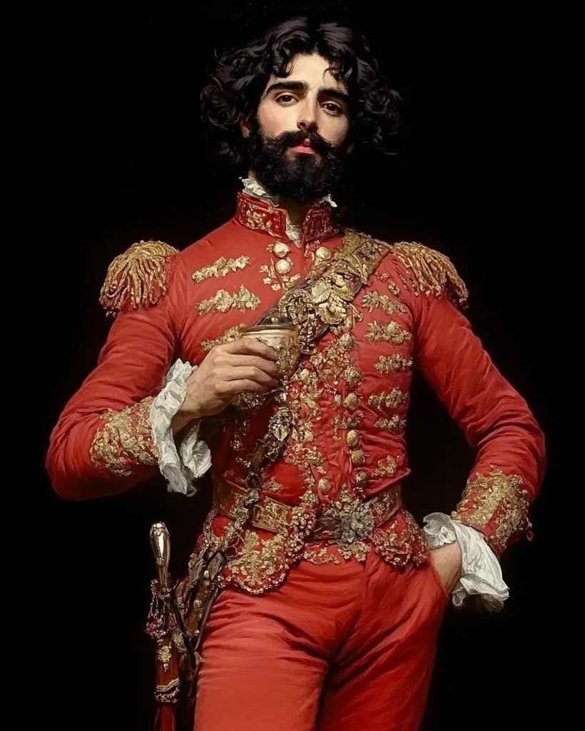 A portrait of a man in a richly ornamented red military-style coat.  He has dark, curly hair and a full beard.  Gold embroidery and embellishments adorn his coat, which is cinched at the waist with a decorative belt.  He holds a small cup in his hand, and a dagger is visible at his hip. The background is dark, focusing attention on the figure’s elaborate attire. The style suggests a historical or romantic painting.