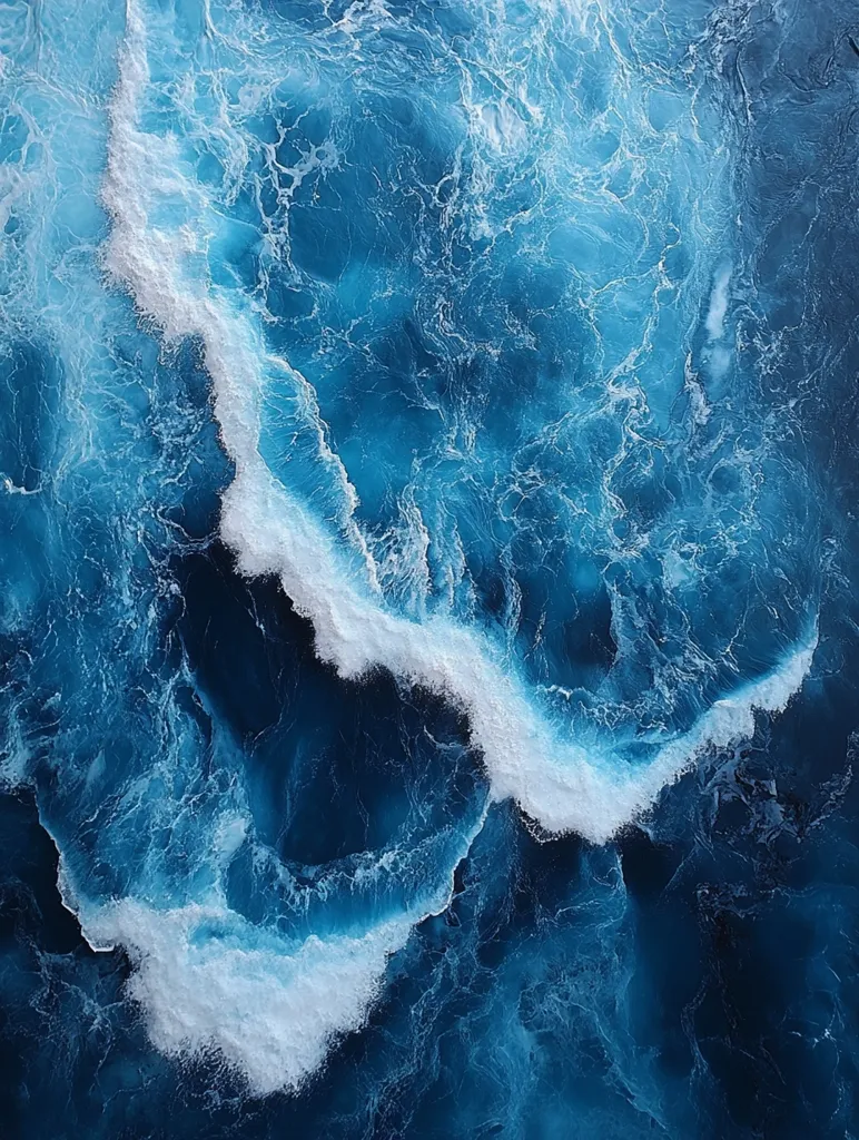 An overhead shot captures a breathtaking view of the ocean's surface. Deep blue waters are dramatically contrasted by white-capped waves, creating a mesmerizing pattern.  The waves appear to form a swirling, almost abstract design across the frame, showcasing the dynamic energy of the sea. The image is rich in texture and color, evoking a sense of power and tranquility simultaneously.