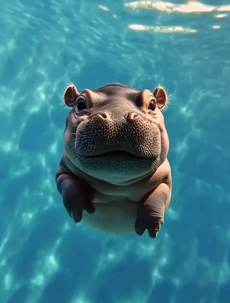 An adorable baby hippopotamus is submerged in clear turquoise water, its face and upper body visible.  The hippopotamus appears calm and content, looking directly at the viewer. Sunlight filters through the water, creating a serene underwater scene.  The image evokes feelings of innocence and tranquility.
