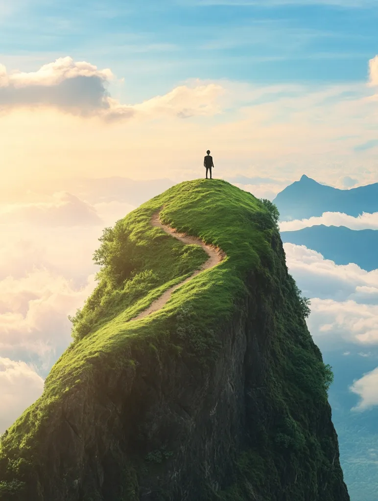 A lone figure stands atop a verdant mountain peak, overlooking a sea of clouds and distant mountains.  A winding path leads up to the summit, suggesting a journey completed. The scene is bathed in the warm glow of sunrise or sunset, creating a serene and inspirational atmosphere.  The image evokes themes of achievement, solitude, and the vastness of nature.