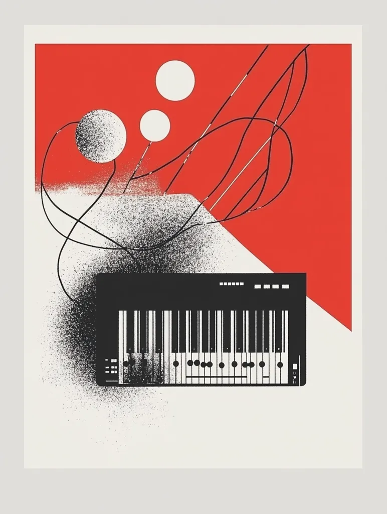 A stylized abstract artwork features a synthesizer as its central element.  The keyboard is rendered in black against a white background, partially obscured by a spray-paint effect.  Above, a vibrant red section incorporates abstract lines and three circles, creating a dynamic, energetic composition.  The overall style is minimalist and graphically bold.
