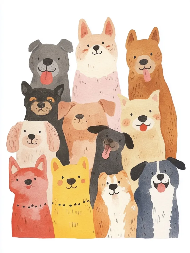 A cheerful watercolor illustration depicts a group of twelve dogs of various breeds and colors huddled together.  Their styles are simplified and cute, with pastel color palettes. The dogs are arranged in a slightly overlapping composition, creating a sense of playful camaraderie.  Each dog has a distinct personality expressed through its posture and expression.