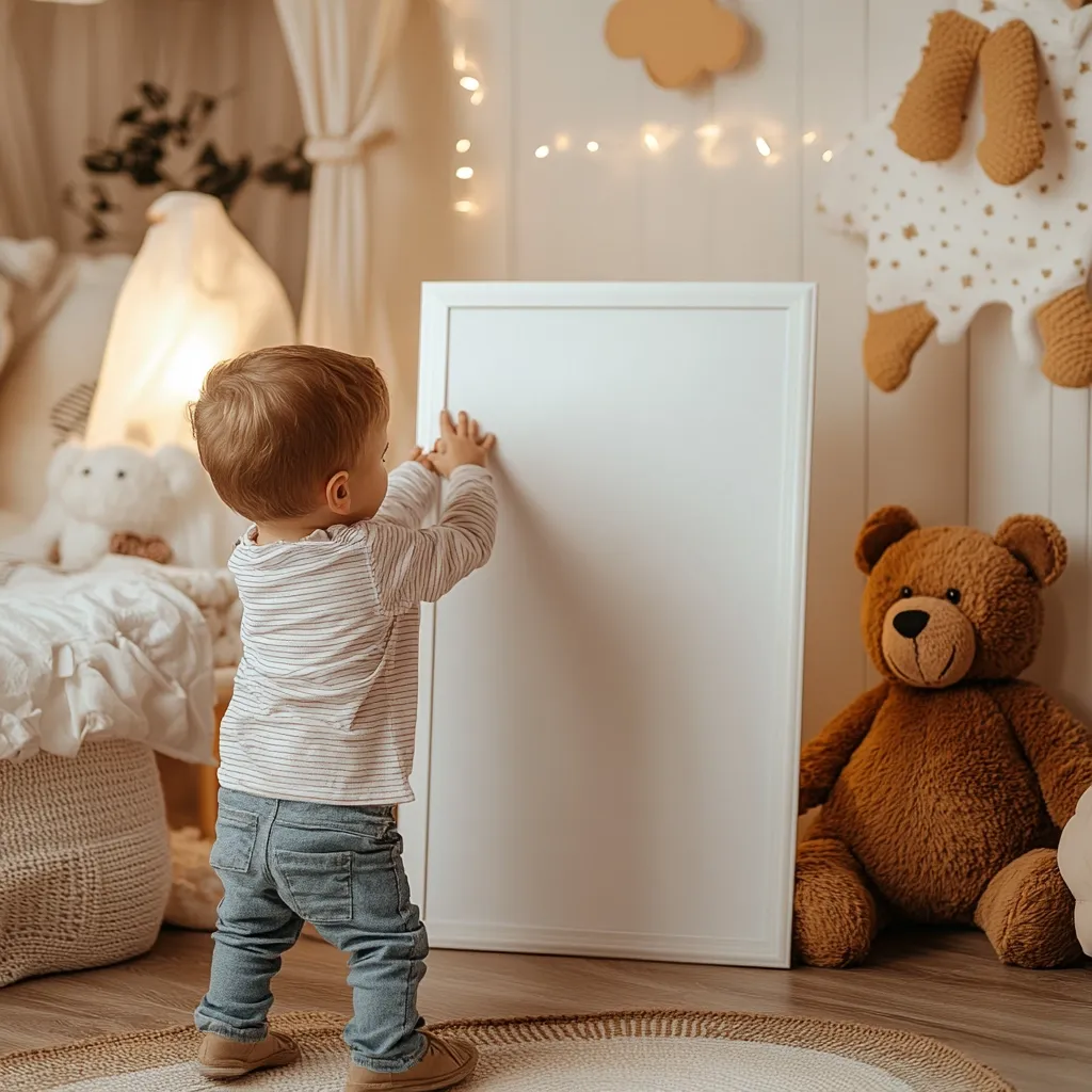 A toddler stands in a nursery, facing a large blank white board.  The child, wearing a striped shirt and jeans, is interacting with the board.  The room is decorated in neutral tones with soft lighting, featuring plush toys, a teepee-like bed, and fairy lights. A large brown teddy bear sits nearby. The scene evokes a sense of calm and childhood innocence.