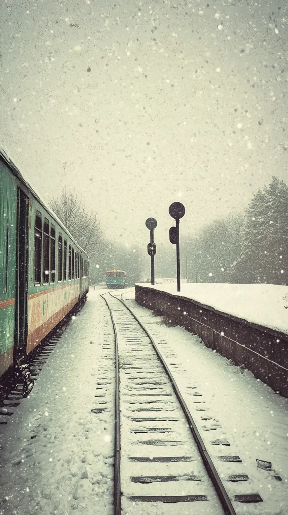 A vintage-looking train sits at a snow-covered train station.  Snow falls softly, blanketing the tracks and platform.  Signal lights stand sentinel, and another train is visible in the distance. The scene evokes a sense of quiet solitude and winter's stillness.  The overall tone is serene and nostalgic.