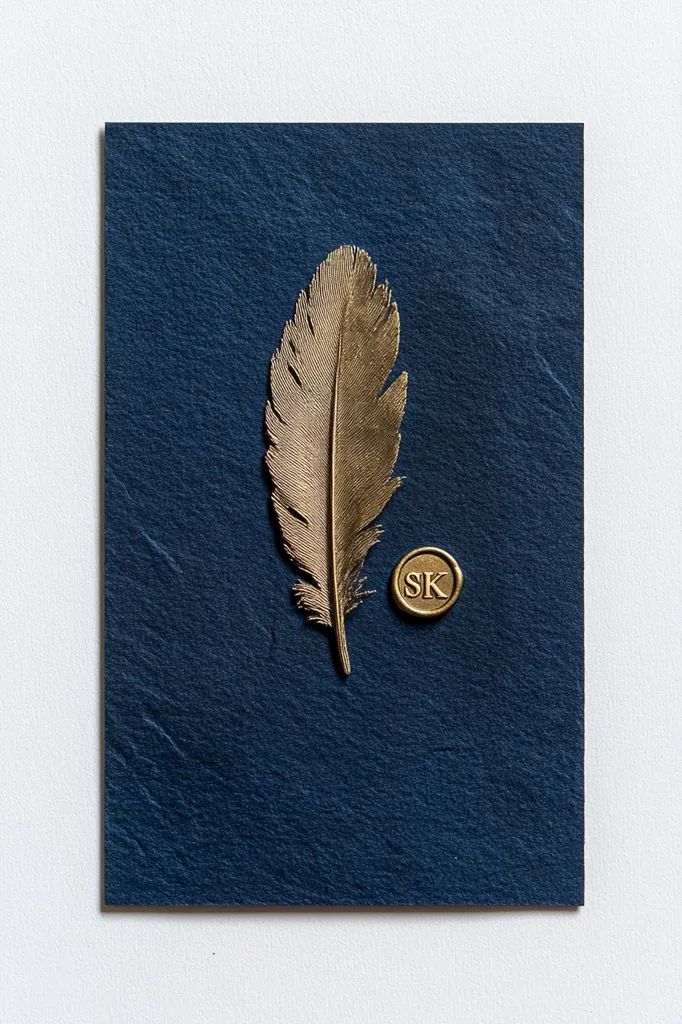 A navy blue textured card features a gold embossed feather and a gold wax seal stamped with the initials "SK". The feather is centrally positioned, slightly above the seal, creating a minimalist and elegant design.  The contrast between the dark card and the gold accents is striking.
